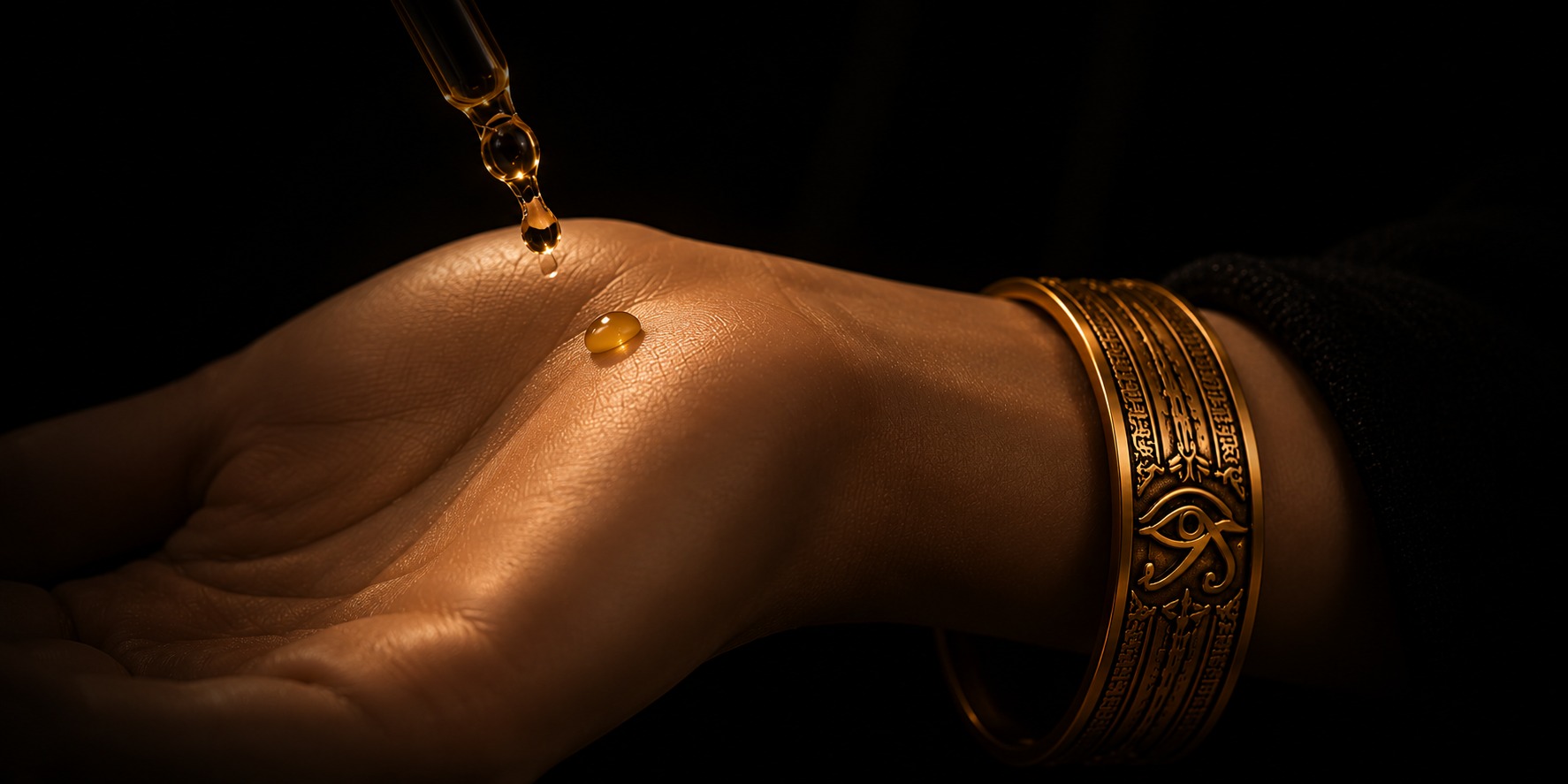 A drop of oil placed on the back of a hand wearing an engraved gold cuff.