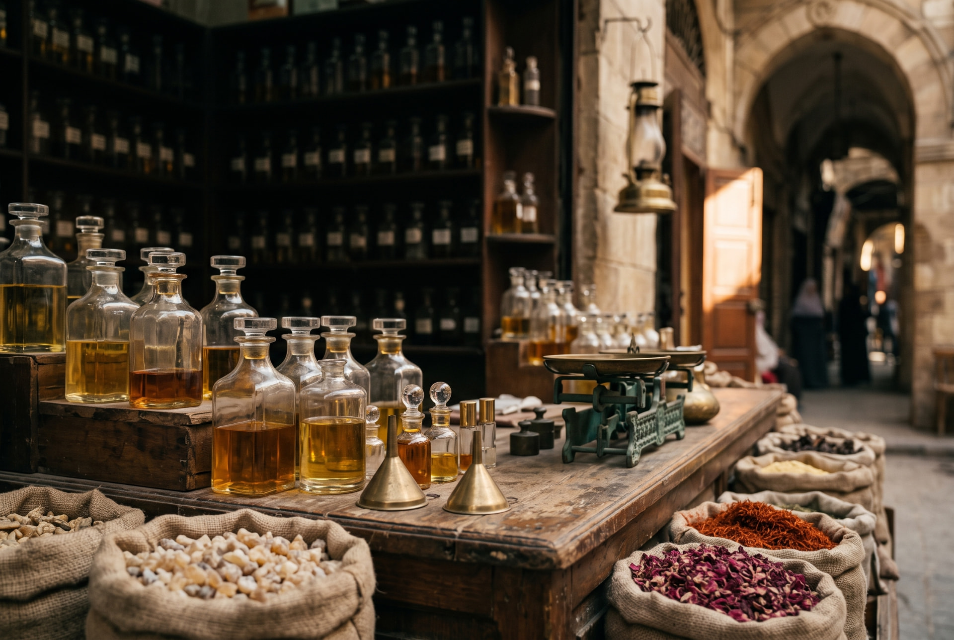 A perfumer's counter in the Attarin quarter of Alexandria.