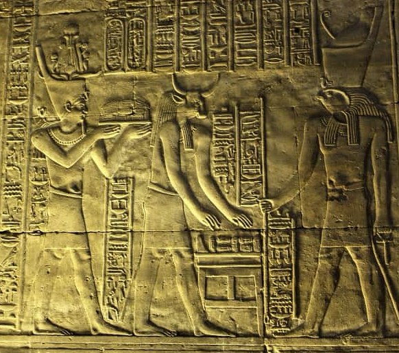 Relief and inscription on the wall of the Temple of Horus at Edfu, Ptolemaic period.