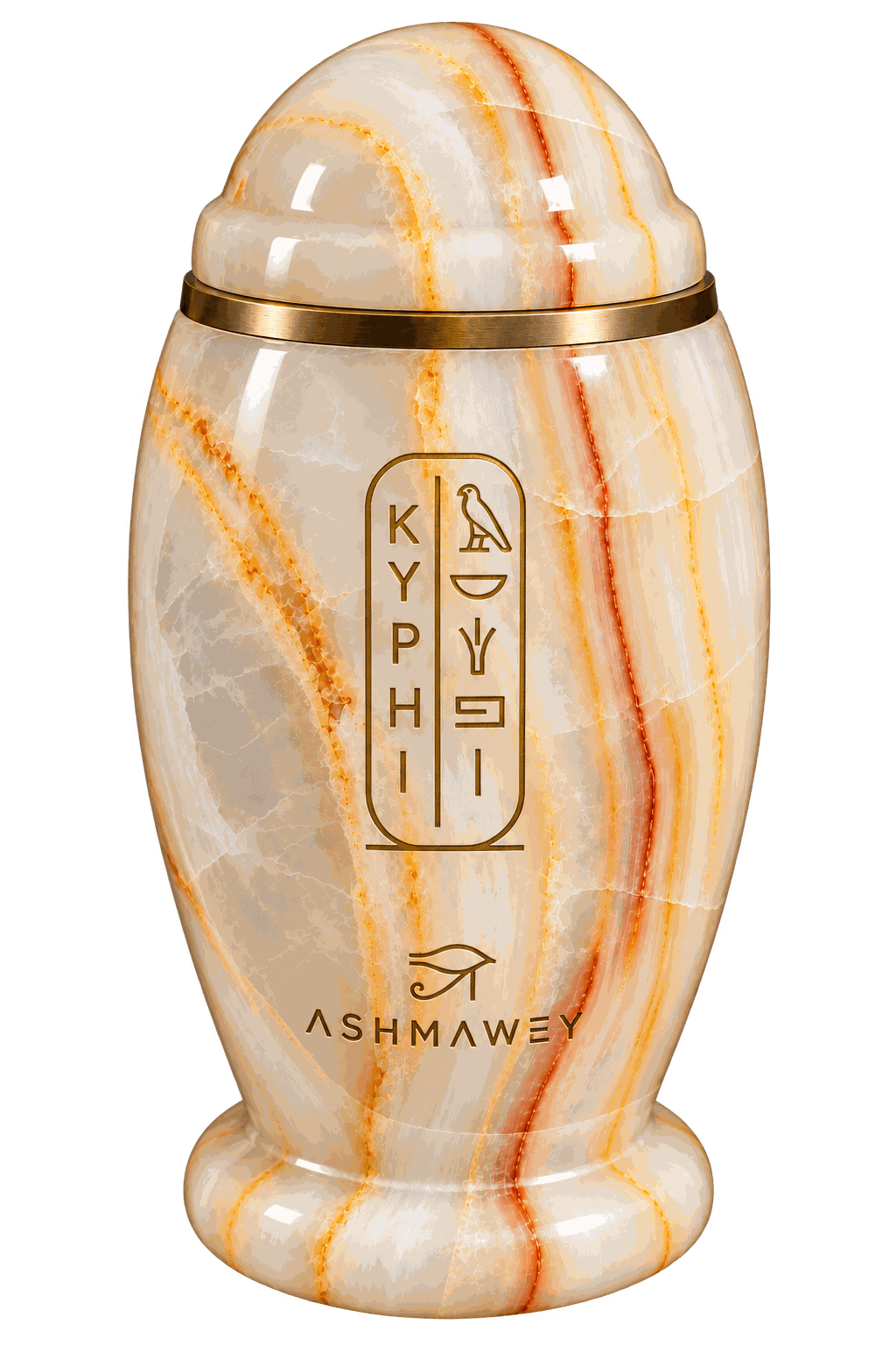 The KYPHI vessel in polished Egyptian alabaster, engraved with a gold cartouche and the ASHMAWEY mark.