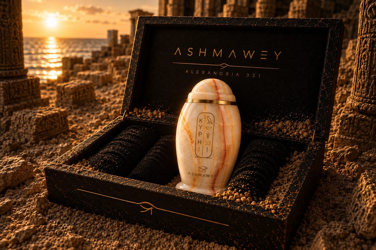 The KYPHI vessel in its open presentation case among ancient Egyptian ruins at sunset.