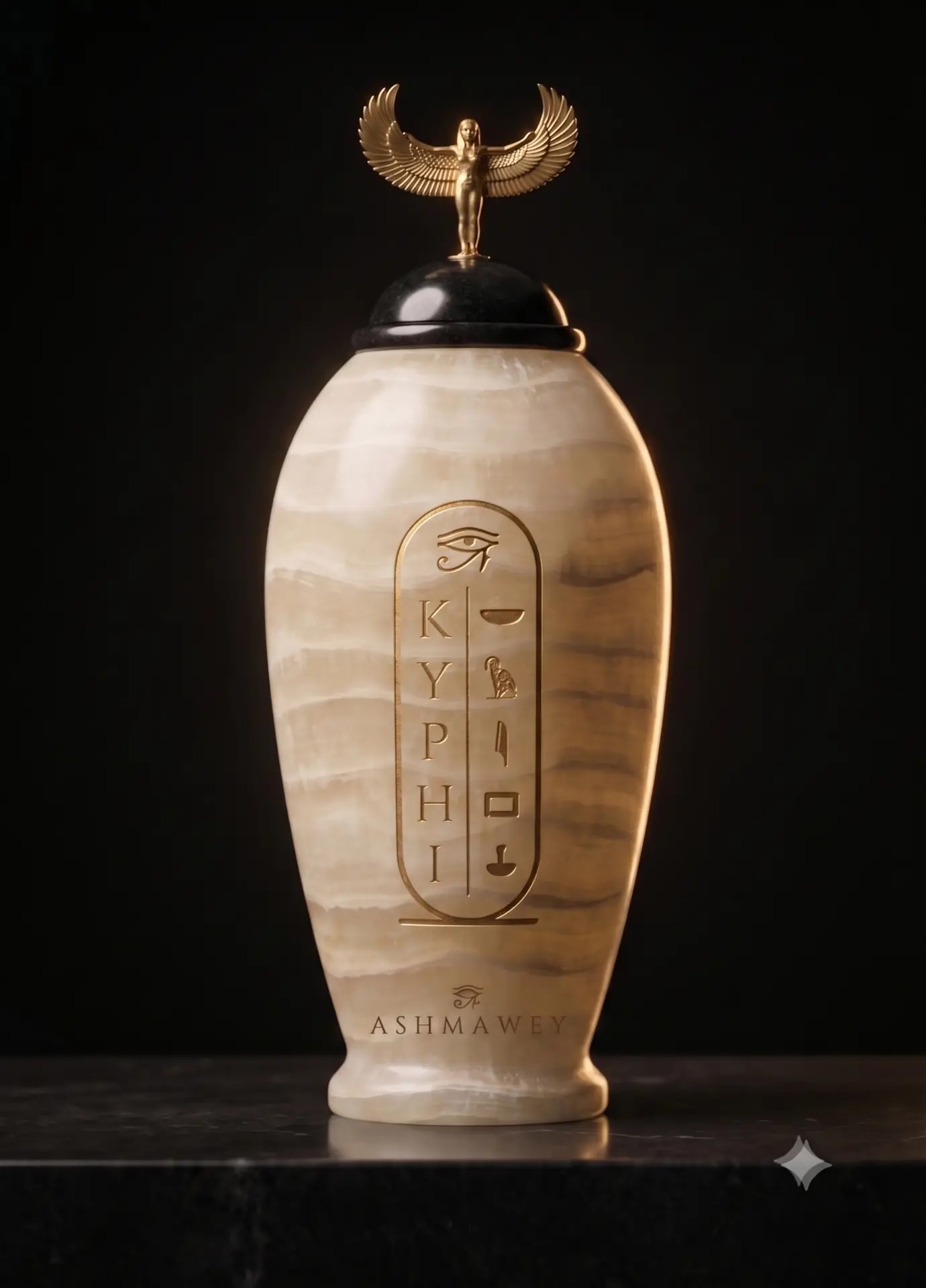 Macro detail of the gold cartouche cut into the alabaster flacon, Eye of Horus above the name KYPHI