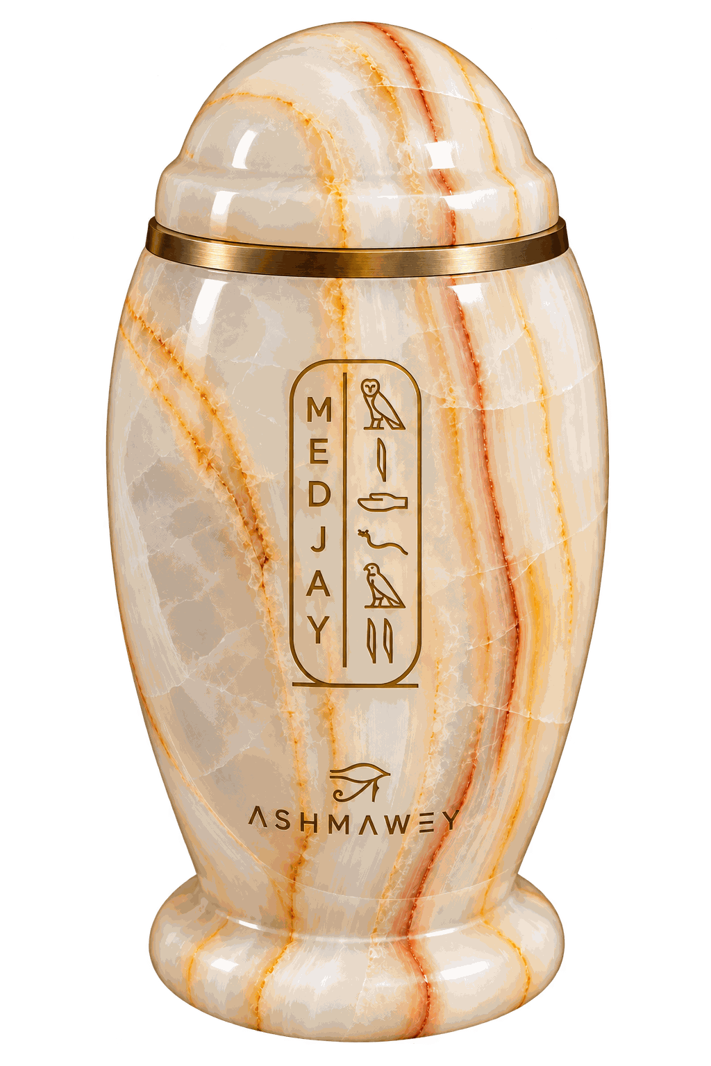 The MEDJAY vessel in polished Egyptian alabaster, engraved with a gold cartouche and the ASHMAWEY mark.