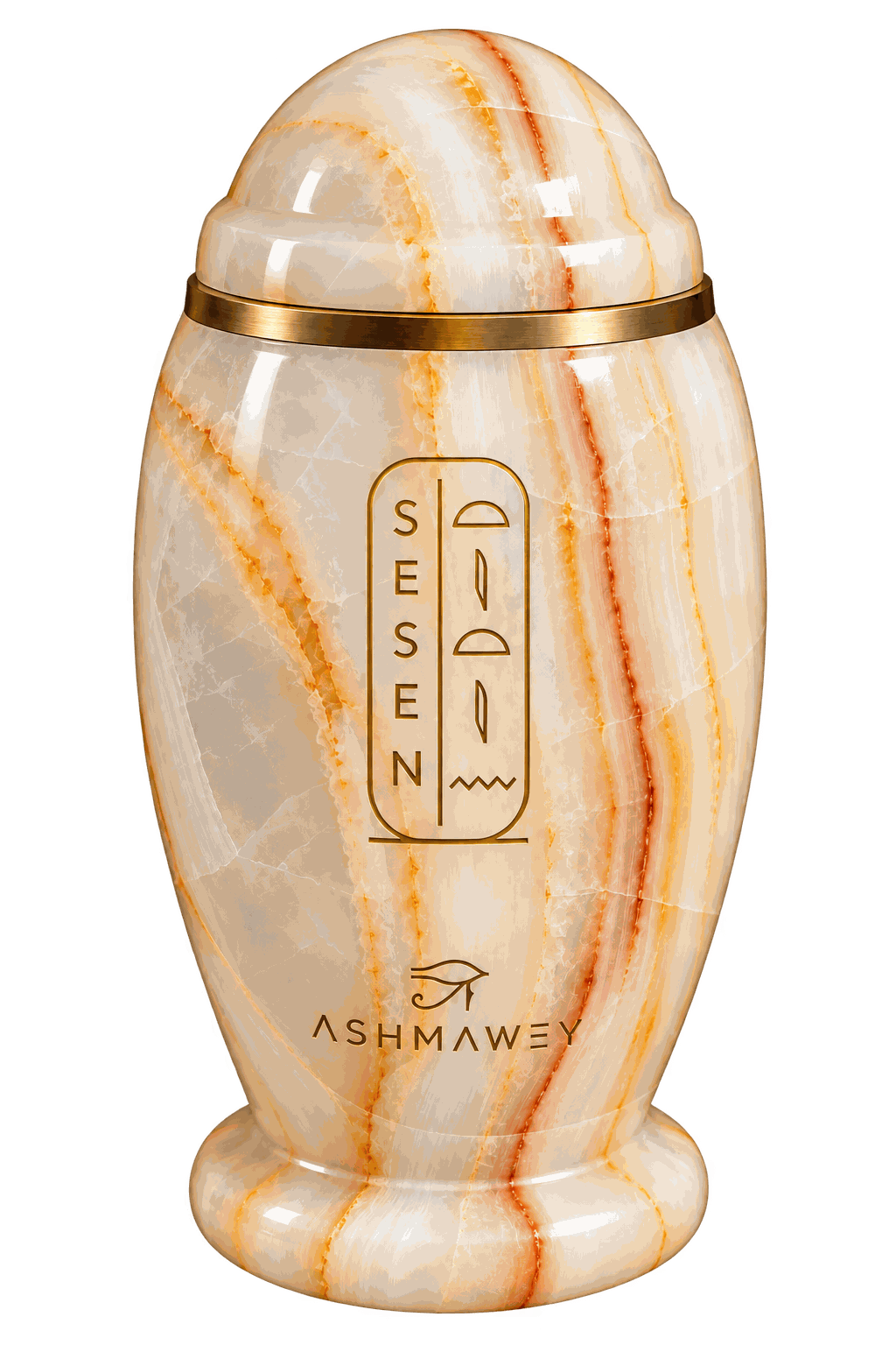 The SESEN vessel in polished Egyptian alabaster, engraved with a gold cartouche and the ASHMAWEY mark.