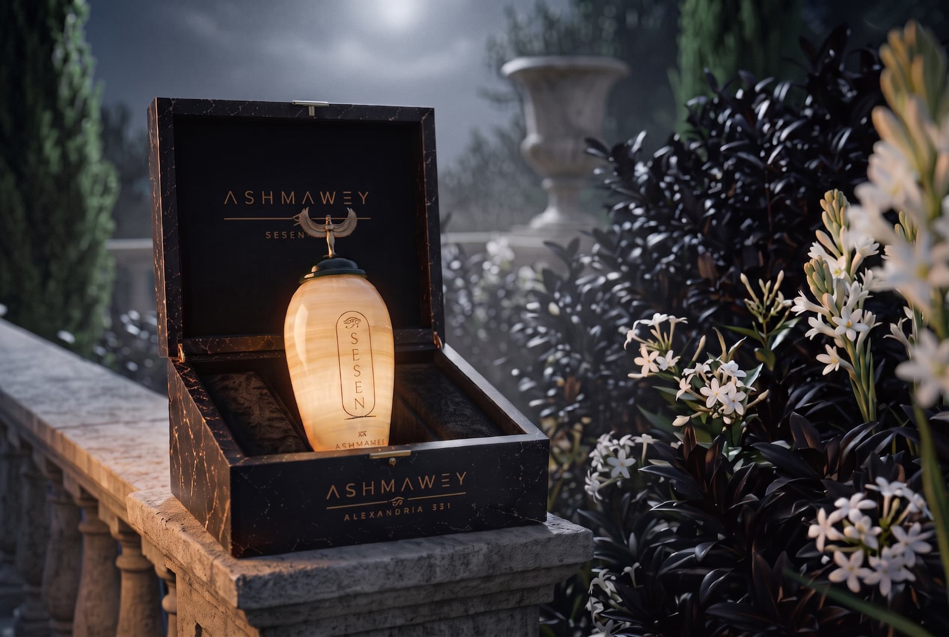 The Sesen flacon in a night garden, Alexandria.