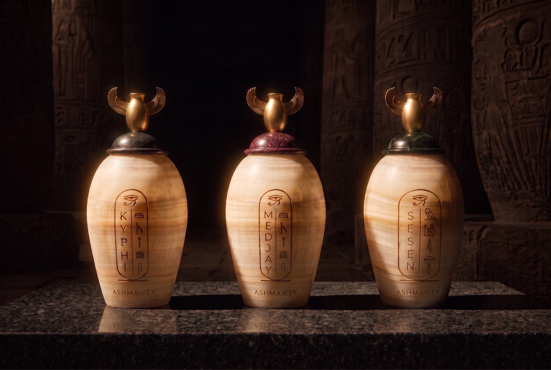 The Kyphi, Medjay, and Sesen flacons in Egyptian alabaster.